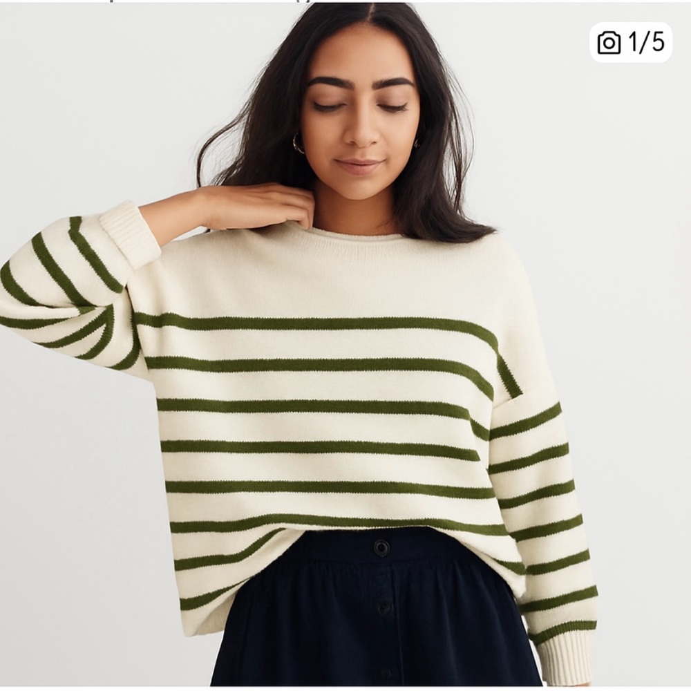 Madewell Conway Oullover Striped Cream and Olive Green Women's Sweater Size XS
